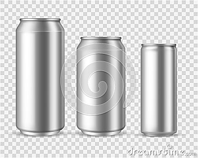 Realistic aluminum cans. Blank metallic can drink beer soda water juice packaging 300 330 500 empty mock up container Vector Illustration