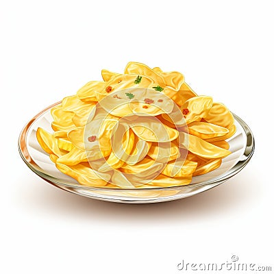 Realistic Anamorphic Art: Fried Pasta With Parsley And Lemon Slices Cartoon Illustration
