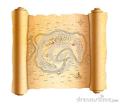 Realistic ancient pirate map of island on old scroll with red path to treasure Vector Illustration