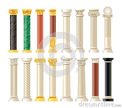 Realistic antique pillars set. Antique column, classic pillar. Vector Illustration