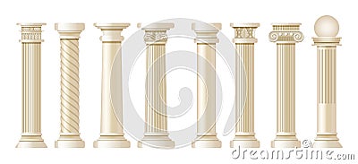 Realistic antique pillars set. Antique column, classic pillar. Vector Illustration