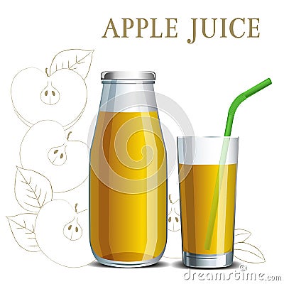 Realistic apple juice in a jar and a glass with a straw Vector Illustration