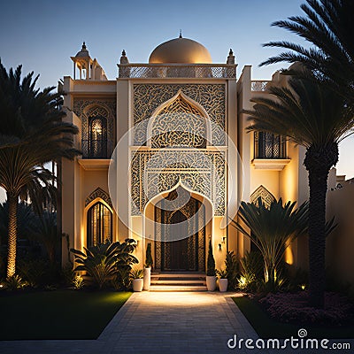 Realistic Arab style villa with realistic professional faade lighting is the subject Generative AI Stock Photo