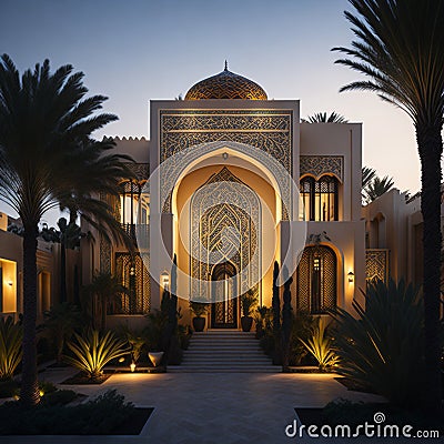 Realistic Arab style villa with realistic professional faade lighting is the subject Generative AI Stock Photo