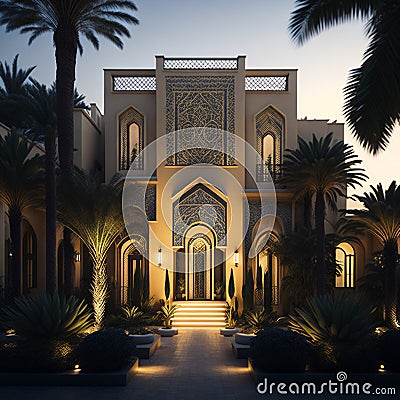 Realistic Arab style villa with realistic professional faade lighting is the subject Generative AI Stock Photo