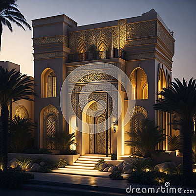 Realistic Arab style villa with realistic professional faade lighting is the subject Generative AI Stock Photo