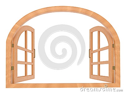 Realistic arched wooden window on white 3d rendering Stock Photo