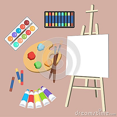 Realistic art supplies, set art materials. Artist Accessories. Easel, canvas, tablet, pastel, paint in tubes, watercolor Vector Illustration