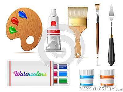 Realistic artist tools. Painting supplies, palette with paint strokes and brushes, knife, art equipments, watercolor and Vector Illustration