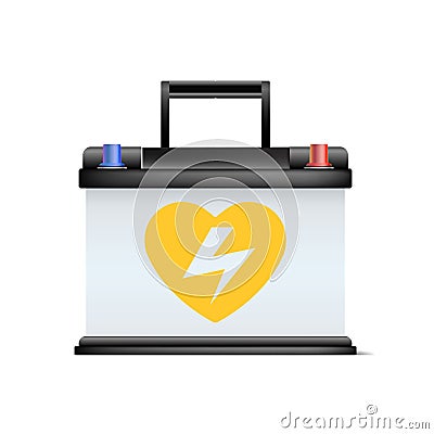 Realistic automobile battery. Promotion discount sale mock-up. Accumulator voltage advertisement. Heart a symbol of high voltage Vector Illustration