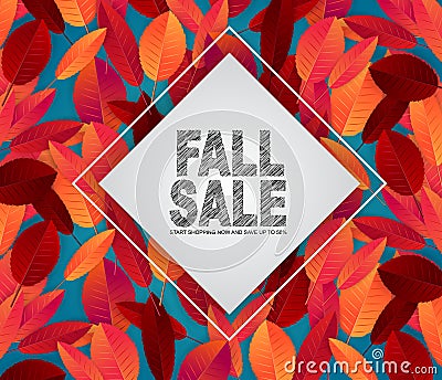 Realistic autumn red and orange leaves over blue background. Fall sale banner with scribble typography text. Vector Illustration