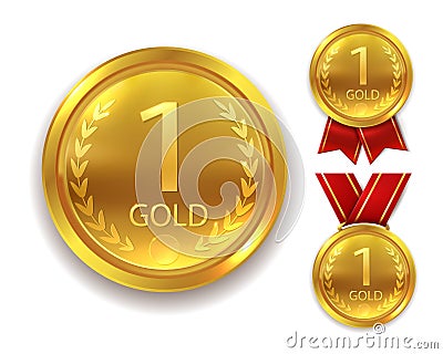 Realistic award medal. Winner gold medal for first place trophy champion honor best shiny circle ceremony prize with Vector Illustration