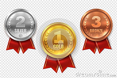 Realistic award medals. Winner medal gold bronze silver first place trophy champion honor best circle ceremony prize Vector Illustration