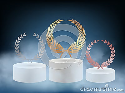 Realistic award podium. 3D pedestal with gold silver bronze laurel wreath vector background Vector Illustration