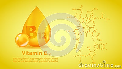 Realistic B12 Cyanocobalamin Vitamin drop with structural chemical formula. 3D Vitamin molecule B12 Cyanocobalamin Vector Illustration