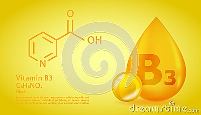 Realistic B3 Niacin Vitamin drop with structural chemical formula. 3D Vitamin molecule B3 Niacin design. Drop pill Vector Illustration