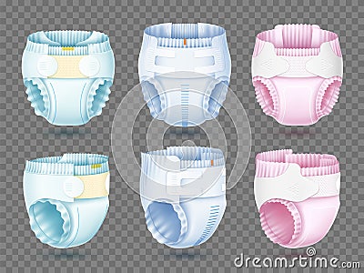 Realistic baby diapers. Absorbent cotton accessory angle view 3d isolated, different types, mounts and colors, new born Vector Illustration