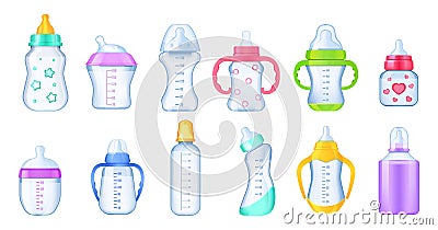 Realistic baby milk bottle set. Colorful multi-colored bottles for feeding a newborn baby differents shape Vector Illustration