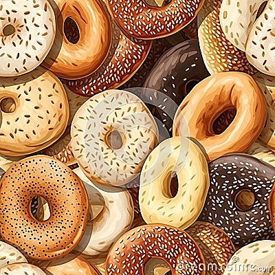 Realistic bagels, many varieties of the breakfast food. Carbs. Seamless background.. Stock Photo