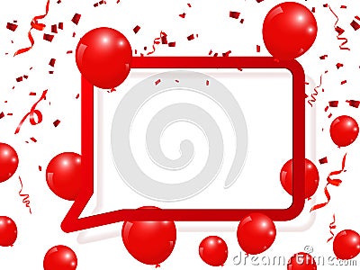 Realistic balloons celebrate festive holiday party design with confetti, ribbon and speech bubble square frame background Vector Illustration