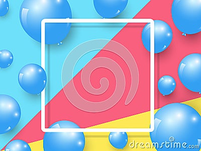 Realistic balloons celebrate festive holiday party design and square frame on multicolored background. Vector Illustration