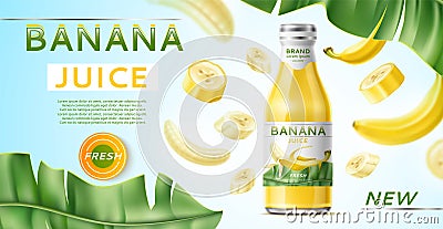 Realistic banana poster. Fruit juice advertising banner, glass bottle with sweet drink, brand text, tasty tropical Vector Illustration