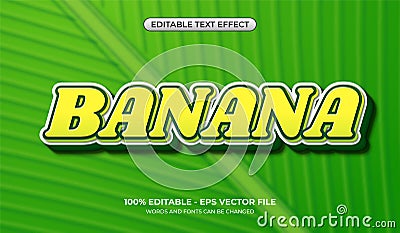 Realistic banana text effect. Editable yellow, green, and white font effect combination and a banana leaf background Vector Illustration