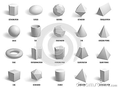 Realistic basic 3d shapes. Geometry sphere, cylinder, pyramid and cube forms, geometric shapes model isolated vector Vector Illustration