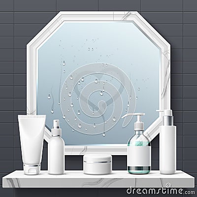 Realistic bath mirror. Bathroom reflective glass surface with condensate. Toilet interior. Shelf with skin and hair care Vector Illustration