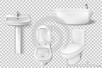Realistic bathroom collection template. White clean toilet, bowl, sink, washroom basin. Mockup of toilet and sink for Vector Illustration