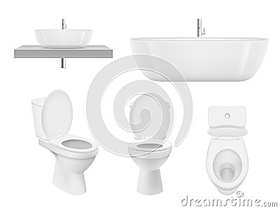 Realistic bathroom collection. Toilet, washing cabinet bowl bathroom sink clean white for fresh washroom basin. Vector Vector Illustration