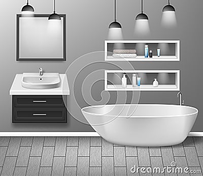 Realistic bathroom furniture interior with modern bathroom sink, mirror, shelves, bathtub and decor elements on grey Vector Illustration