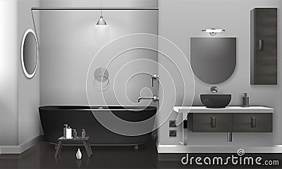 Realistic Bathroom Interior With Two Mirrors Vector Illustration