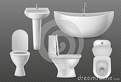 Realistic bathroom objects. White collection bathtub, toilet seat and washbasin with faucet. Bathroom sanitary vector 3d Vector Illustration