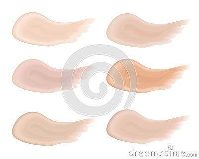 Realistic bb cream strokes set. Multicolored palette splashes skin tone, Foundation Make Up. Isolated on white Vector Illustration