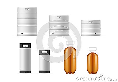 Realistic beer kegs collection vector barrels, cans and bottles for storage malt alcohol beverage Vector Illustration