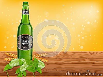 Realistic beer products ad. Vector 3d illustration. Dark craft beer bottle template design Vector Illustration