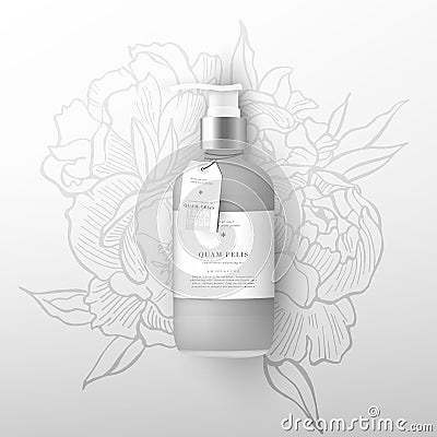 Realistic beige bottle of liquid soap. Flowers peonies background Vector Illustration