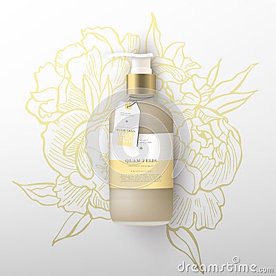 Realistic beige bottle of liquid soap. Flowers peonies background Vector Illustration