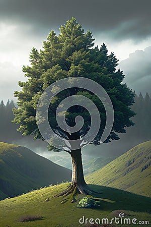 A realistic big tree in the mountain, Generative AI Stock Photo