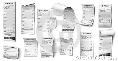 Realistic bills. Shopping purchase bill, retail payment purchase blank, supermarket sale paper isolated vector Vector Illustration