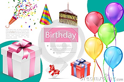 Realistic Birthday Elements Composition Vector Illustration