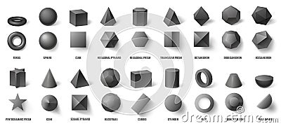 Realistic black basic geometric 3d shapes in top and front view isolated on white. Three dimensional objects Vector Illustration