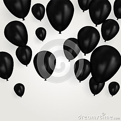 Realistic black birthday balloons flying for party or celebrations. Space for message. Isolated on light background. Vector Illustration