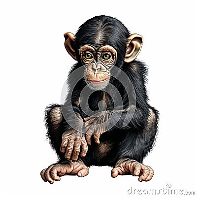 Realistic Black Chimpanzee Machine Embroidery Applique Design On White Background Cartoon Illustration