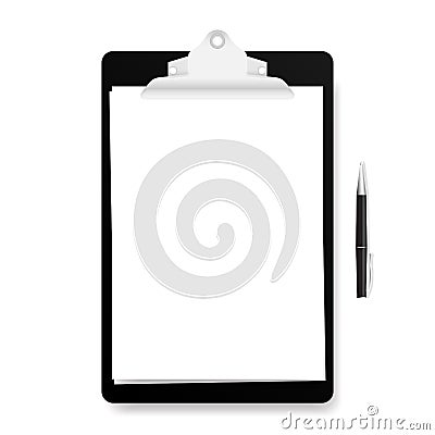 Realistic black clipboard with white empty page and pen isolated on white background. Vector illustration. Vector Illustration