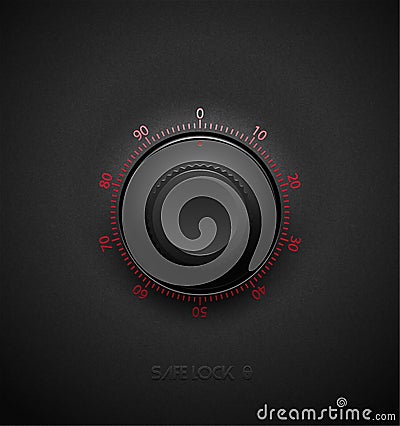 Realistic black combination safe lock volume element on textured plastic dark background. Red glossy round scale. Vector security Vector Illustration