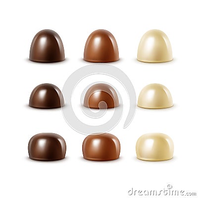 Realistic Black Dark Bitter White Milk Chocolate Candies Vector Illustration