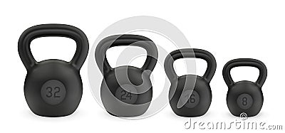 Realistic black different weights kettlebell set. Vector illustration for sport design. Vector Illustration