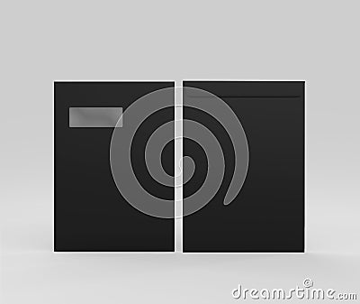 Realistic Black Envelope C4/A4 mockup, Dark letter paper, c4 a4 c3 a3 template 3d Rendering isolated on light gray background Stock Photo